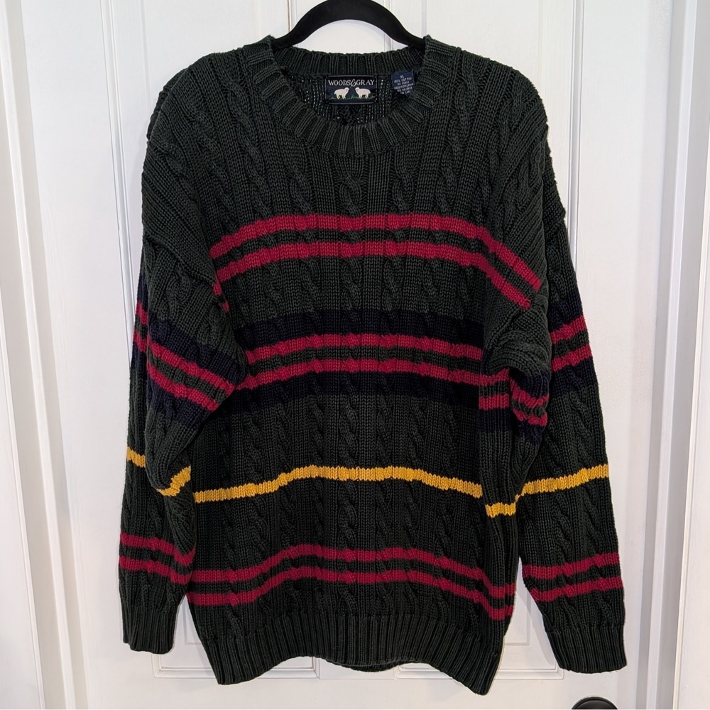 Vintage Mens Cable Knit Pullover Sweater XTRA LARGE Fisherman Striped Thick